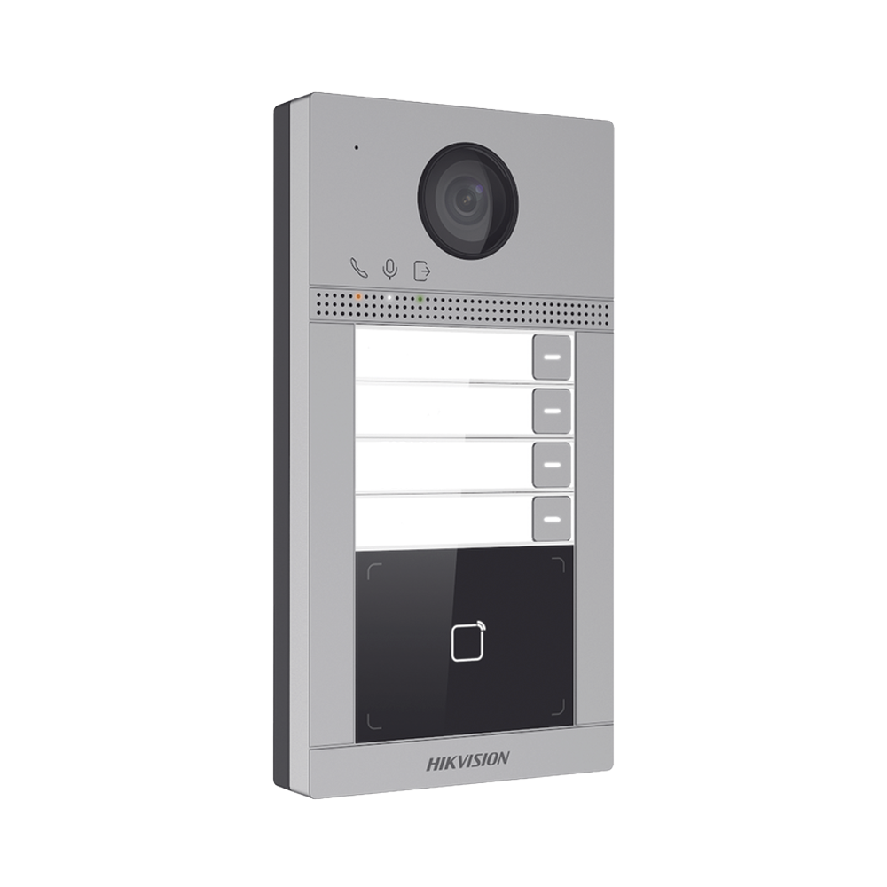 Videoportero IP 2 Megapixel / Llamada y Apertura Remota desde App Hik-Connect (Requiere monitor )/ PoE / Exterior IP65 + Antivandalico IK08 / 4 Departamento / Apertura con Tarjeta / Soporta 2 Puertas y hasta 6 Monitores