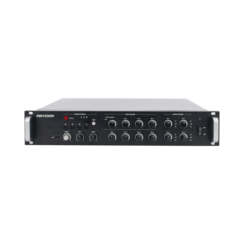 Amplificador de Red |  4 Zonas de 250W | 100V/70v | Calendarización de eventos | Biblioteca de Materiales de Audio | Entrada de Alarma | Hik-Connect /Hikcentral profesional