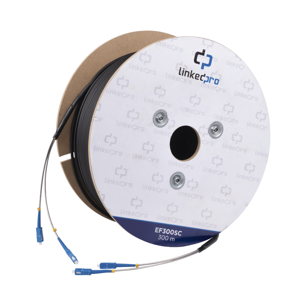 Carrete de Fibra Óptica Monomodo con Conectores SC-SC Duplex, Reforzada con Kevlar, de 300 metros, Para instalaciones subterráneas por tubería