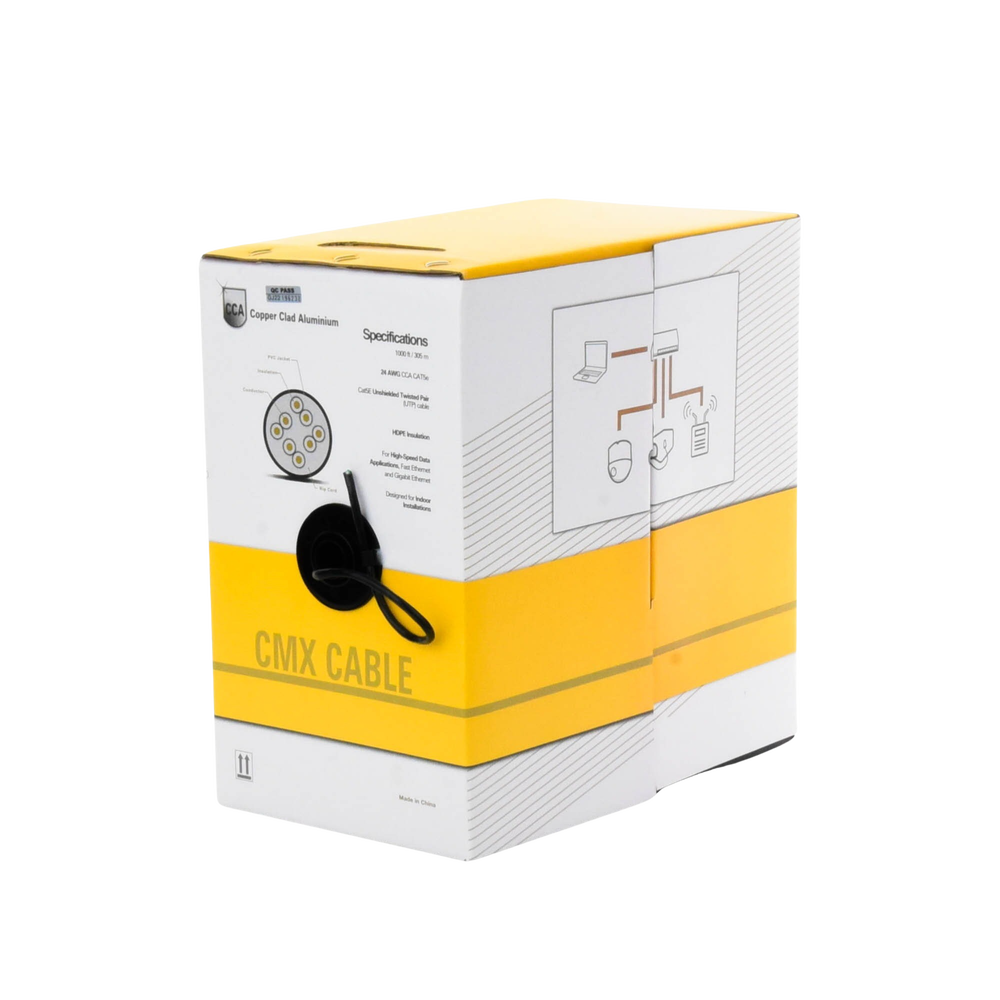 Bobina de Cable de 305 Metros (1000 Pies) Cat5e, Aleación de Cobre y Aluminio (CCA), Color Negro, Uso Interior