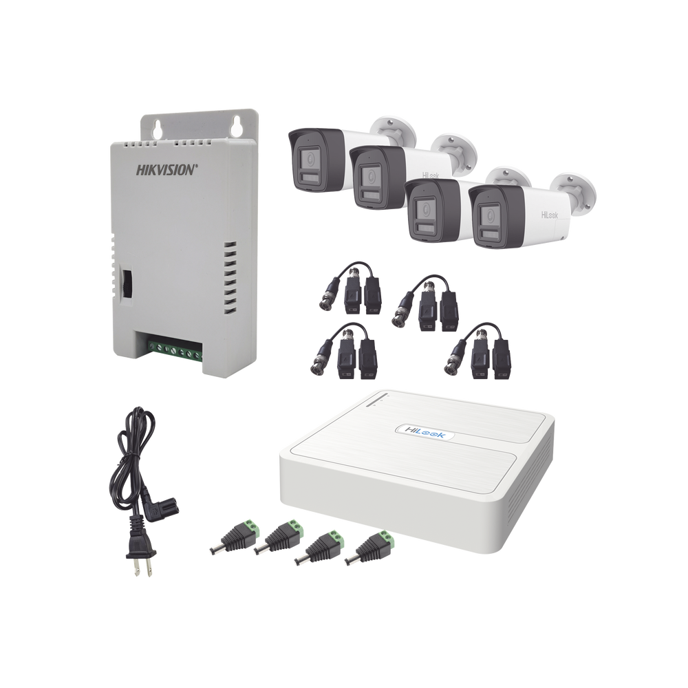 Kit HiLook Audio Bidireccional TurboHD 1080p / DVR 4 Canales / 4 Cámaras Bala (Exterior) con Bocina y Micrófono Integrado / 1 Fuente de Poder / Accesorios