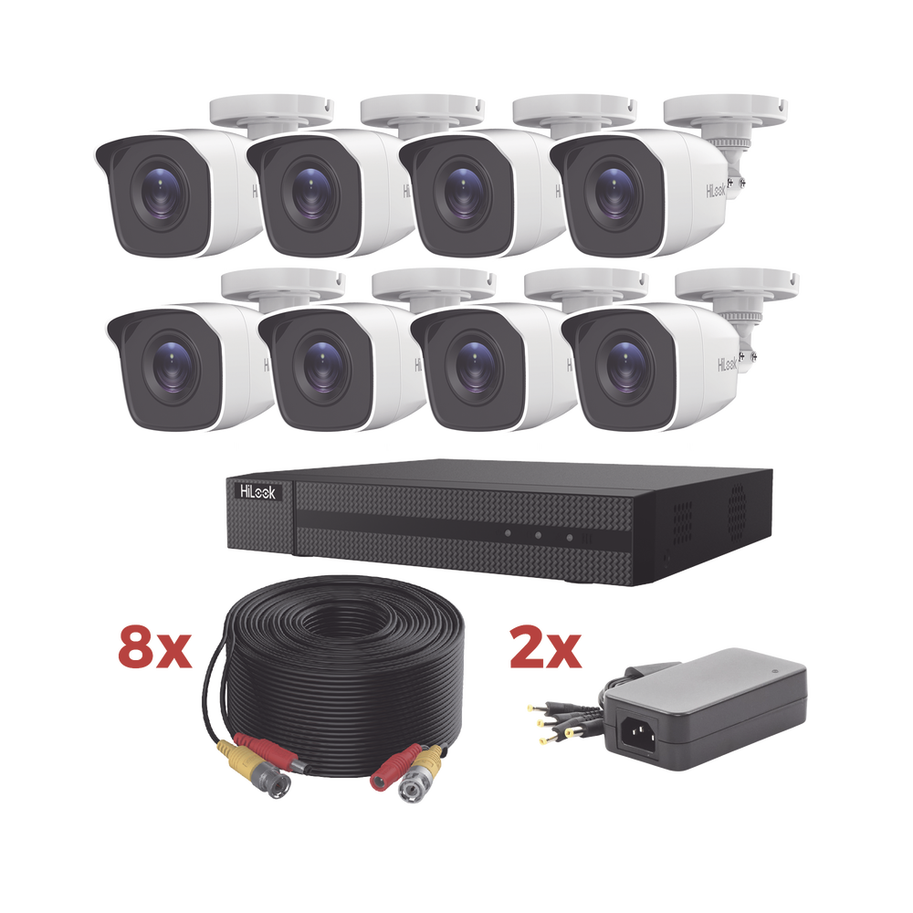 Kit TurboHD / DVR 8 Canales 1080p Lite / 8 Cámaras bala 1080p metalicas / 8 cables de 20 metros / 2 fuentes de 4 canales