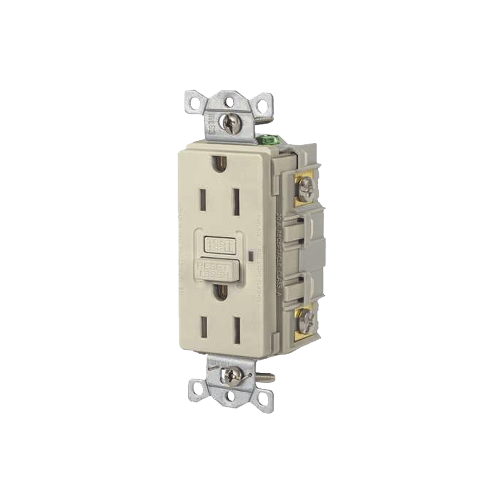 Contacto de Auto-verificación GFCI con Interruptor de Falla a Tierra de 15 A 125 V 2 Polos/ Color Marfil / Nema 5-15R / Grado Industrial Comercial.