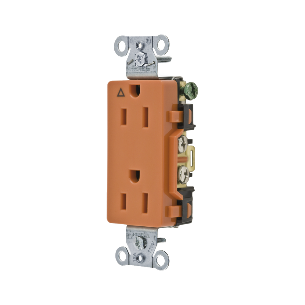 Contacto Dúplex Conexión a Tierra Aislada/ 15A 125V/ 2 polos 3 Hilos/ Nema 5-15R /Grado Comercial Decorativo/ Color Naranja.