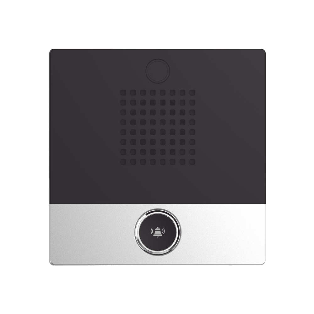 Mini Intercomunicador para hotelería y hospitales, con diseño elegante, PoE, 1 botón, 1 relevador integrado de salida y entrada.