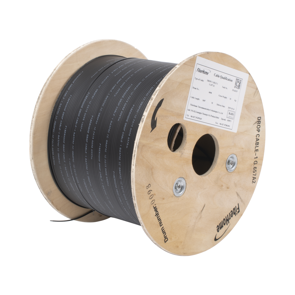Carrete de 1 km de Fibra Óptica Drop, Interior/Exterior G.657A2 Monomodo de 1 hilo (unifibra), Dieléctrica, Forro Negro