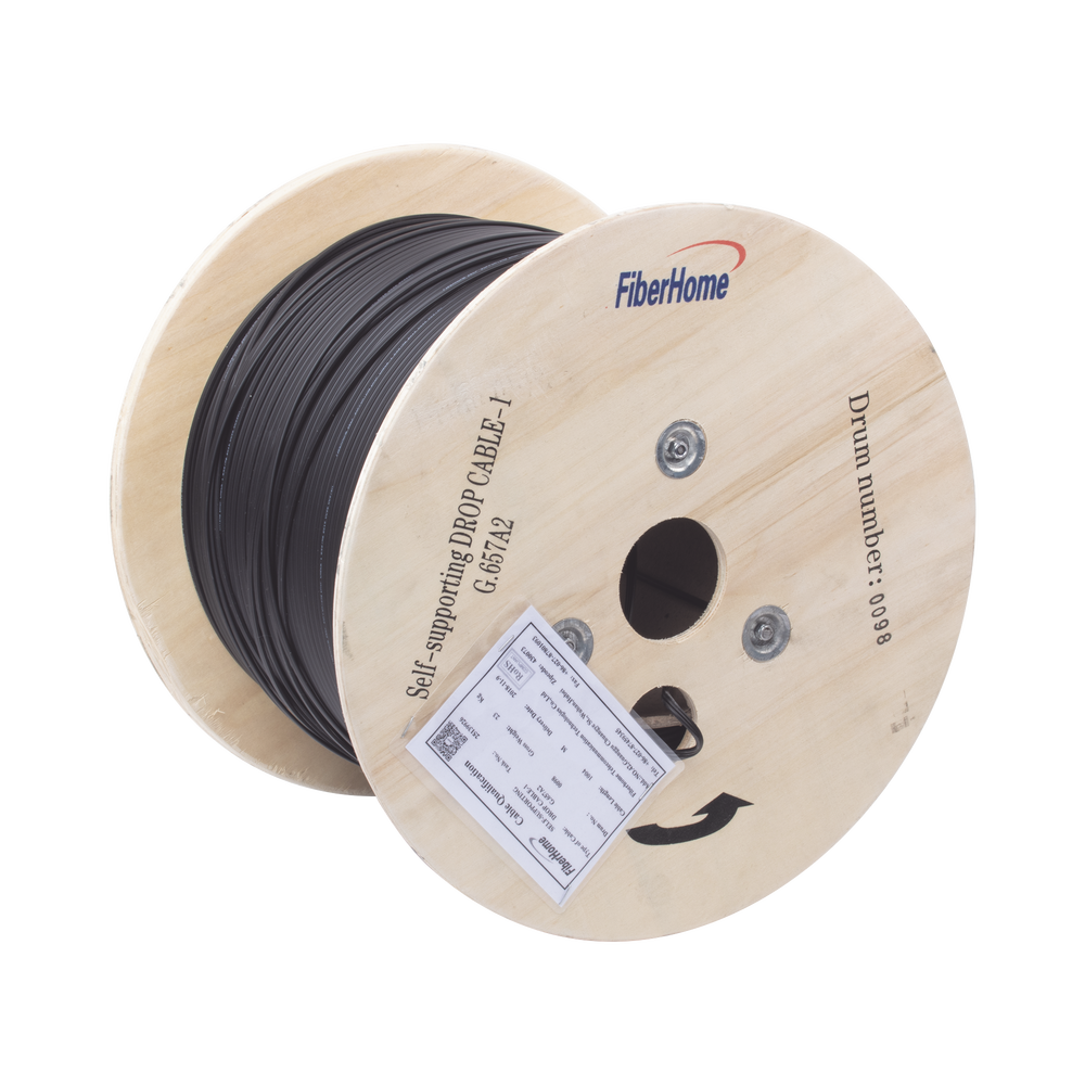 Carrete de 1 km de Fibra Óptica Aérea Mini Figura 8 G.657A2 tipo Drop, Monomodo de 1 Hilo (unifibra), Color Negro, Span 80