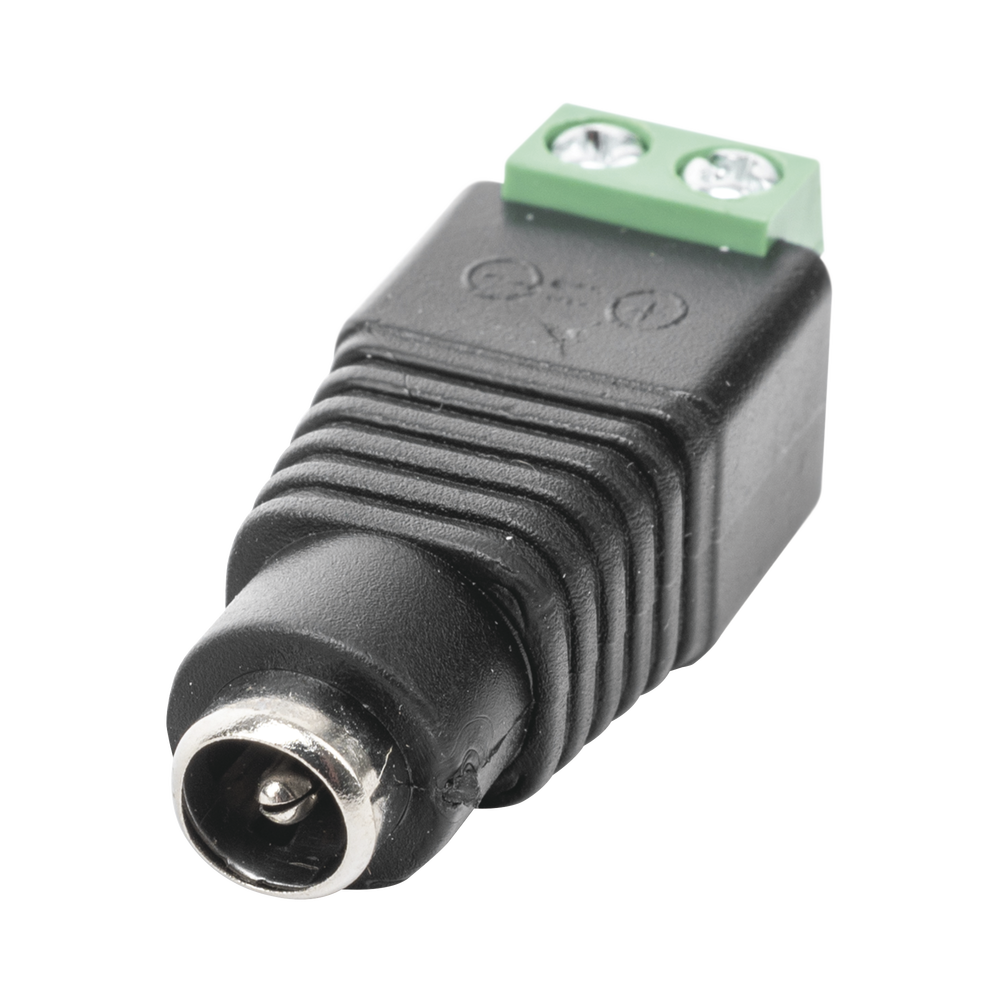 Adaptador Hembra Tipo Jack de 3.5 mm polarizado de 12 Vcc / Terminales Tipo Tornillo / Polarizado (+/-) / Ideal para Cámaras de Video Vigilancia.
