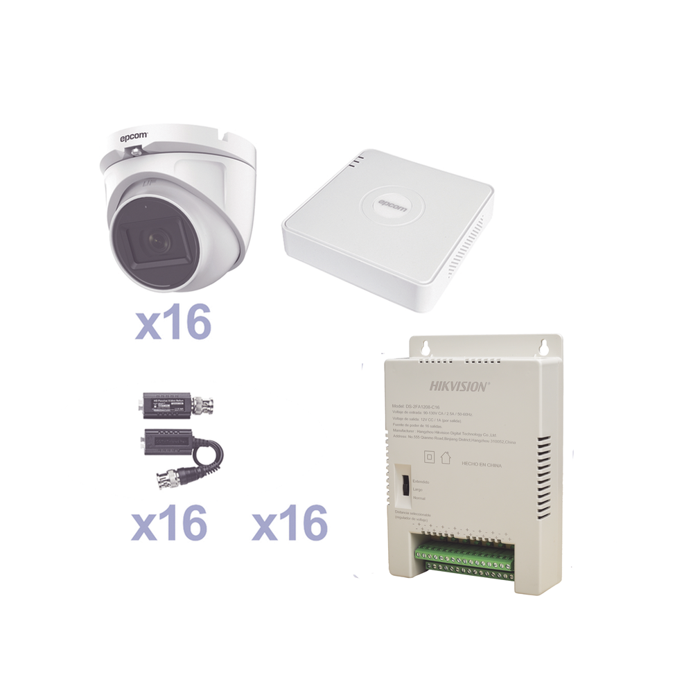 KIT TurboHD 1080p Lite / DVR 16 Canales / 16 Cámaras Eyeball  Exterior ( 2.8mm) / Transceptores / Conectores / Fuente de Poder Profesional