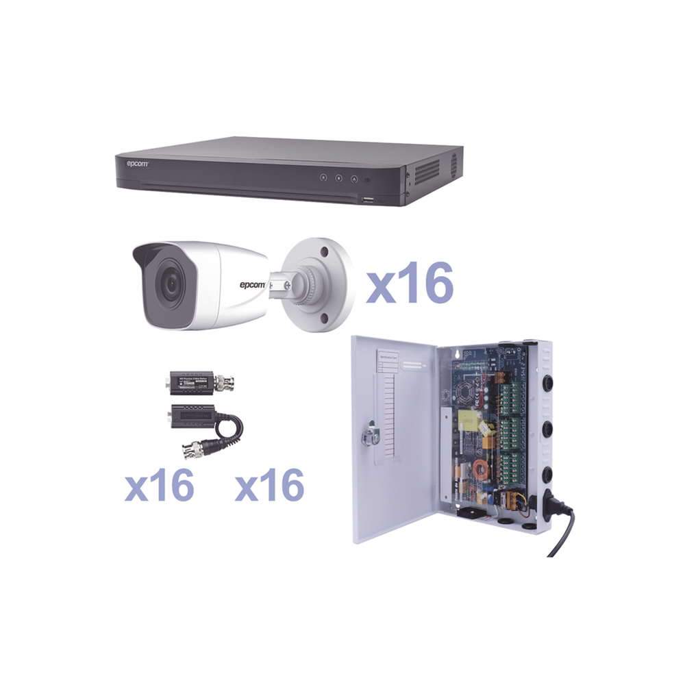 KIT TurboHD 1080p / DVR 16 Canales / 16 Cámaras Bala (exterior 2.8 mm) / Transceptores / Conectores / Fuente de Poder Profesional