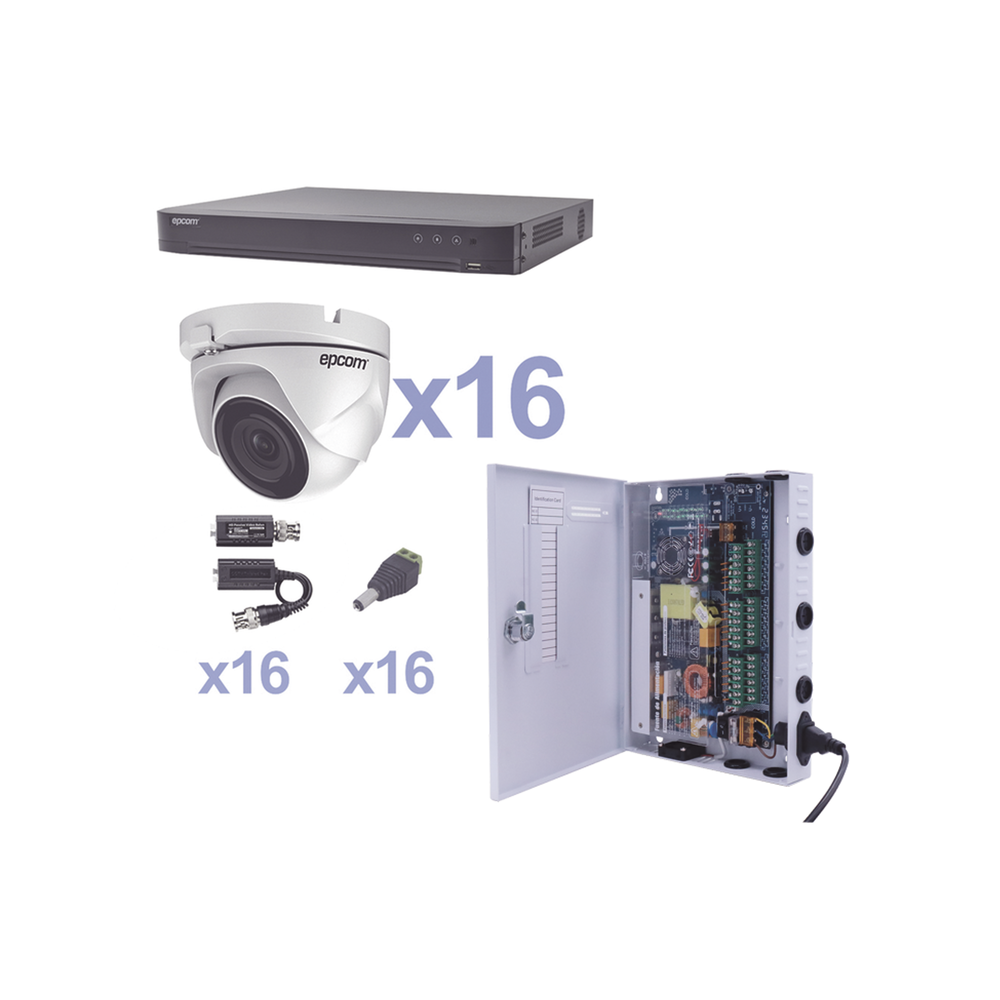 KIT TurboHD 1080p / DVR 16 Canales / 16 Cámaras Eyeball (exterior 2.8 mm) / Transceptores / Conectores / Fuente de Poder Profesional