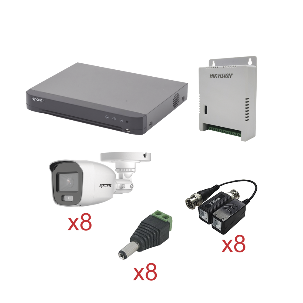 KIT TurboHD con Audio 1080p / DVR 8 Canales / 8 Cámaras Bala (exterior 2.8 mm) / Transceptores / Conectores / Fuente de Poder / AUDIO POR COAXITRON