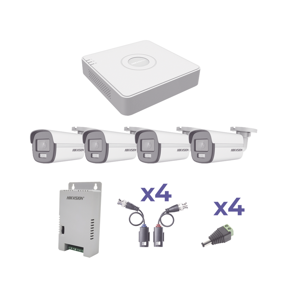 KIT COLORVU TURBOHD 1080p Lite / DVR 4 Canales / 4 Cámaras Bala (exterior 2.8 mm) / Transceptores / Conectores / Fuente de Poder Profesional