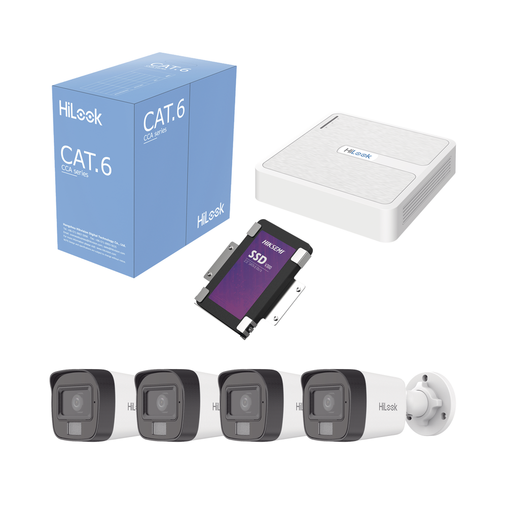 Kit IP 2 Megapixel / NVR de 8 Canales con 8 Puertos PoE / 4 Cámaras IP Bala para Exterior / Micrófono Integrado / Bobina de Cable de 305 mts / SSD 1 TB