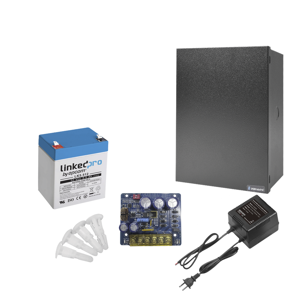 Kit con fuente PLB3 con salida de 12 Vcc a 4 Amper, incluye transformador y batería de 12 V a  5.5 Amper