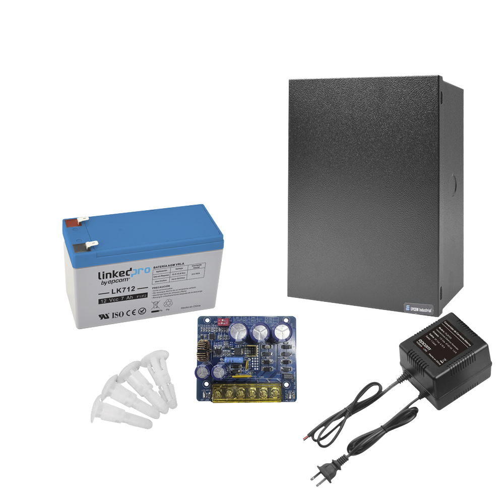 Kit con fuente PLB3 con salida de 12 Vcc a 4 Amper, incluye transformador y batería de 12 V a 7 Amper