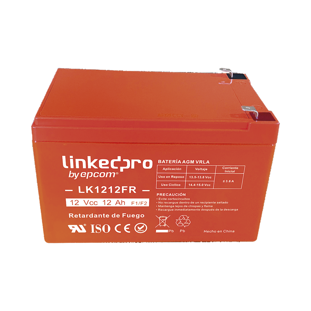 Batería 12 V / 12 Ah / UL / Tecnología AGM / Vida útil promedio de 5 años / Retardante a la Flama / Uso en equipo electrónico, Alarmas de Intrusión / Incendio / Control de acceso / Video Vigilancia / Terminales F1
