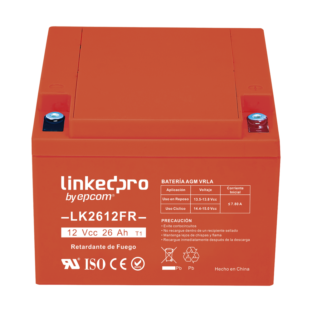 Batería 12 V / 26 Ah / UL / Tecnología AGM-VRLA / Vida útil promedio de 5 años / Retardante a la Flama / Para uso en equipo electrónico, Alarmas de Intrusión / Incendio/ Control de acceso / Video Vigilancia / Term