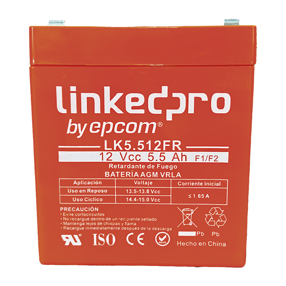 Batería 12 V / 5.5 Ah / UL / Tecnología AGM / Vida útil promedio de 5 años / Retardante a la Flama / Para uso en equipo electrónico, Alarmas de Intrusión / Incendio/ Control de acceso / Video Vigilancia / Incluye