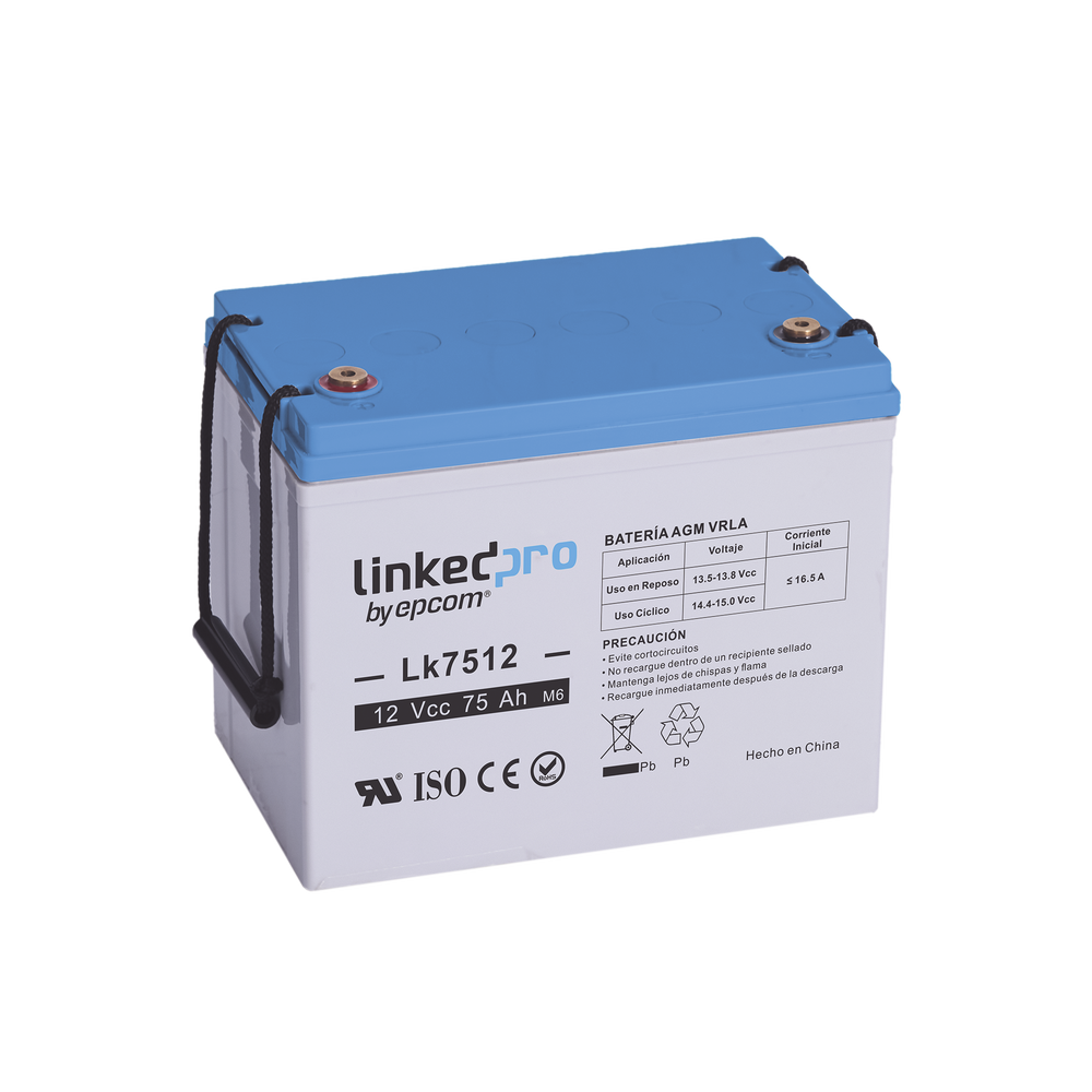 Batería 12 Vcc / 75 Ah / UL / Tecnología AGM-VRLA / Vida útil promedio de 5 años / Para uso en equipo electrónico / Sistemas de emergencia y aplicaciones fotovoltaicas Terminales T3