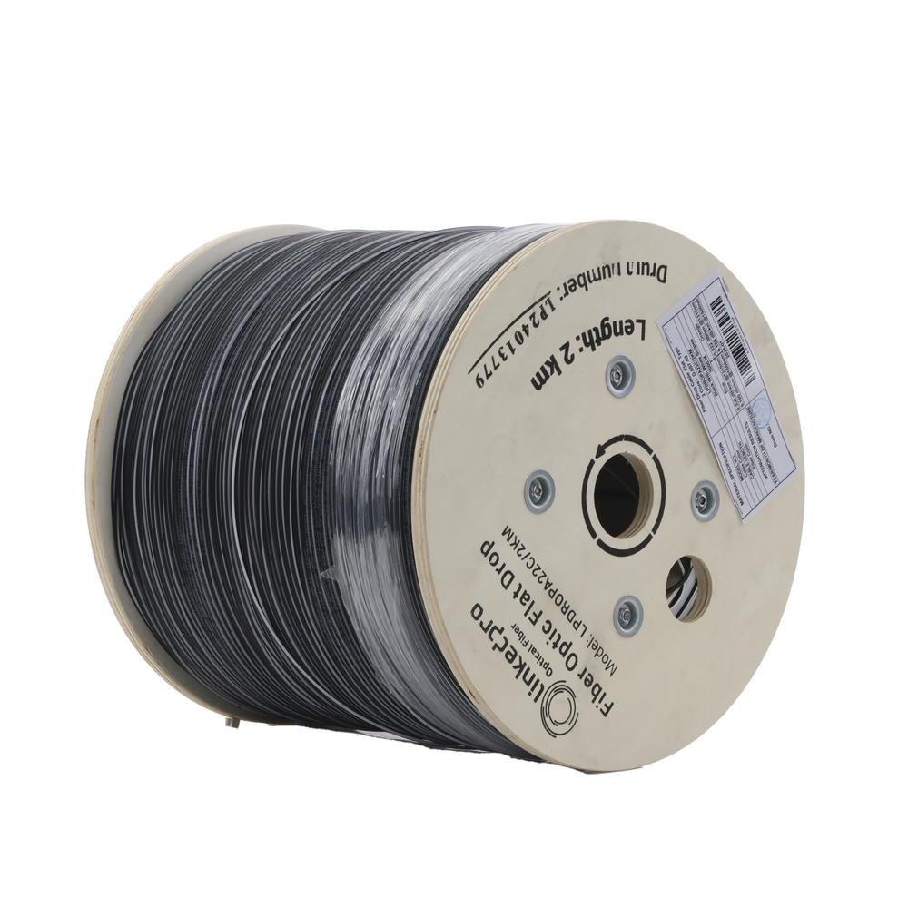 Carrete de 2 km de Fibra Óptica Drop Plana, Interior/Exterior G.657A2 Monomodo de 2 Hilos (Bifibra), Dieléctrica, Forro Negro, (No Soporta Conectores Mecánicos)