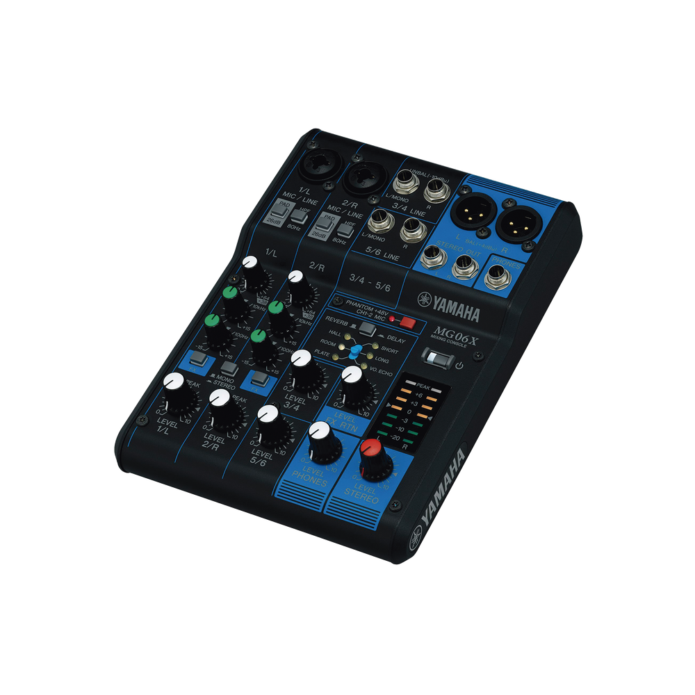 Mezcladora de Audio | 6 Canales | 2 entradas de micro/6 de línea (2 mono + 2 estéreo) | Efectos Integrados | Alimentación Phantom