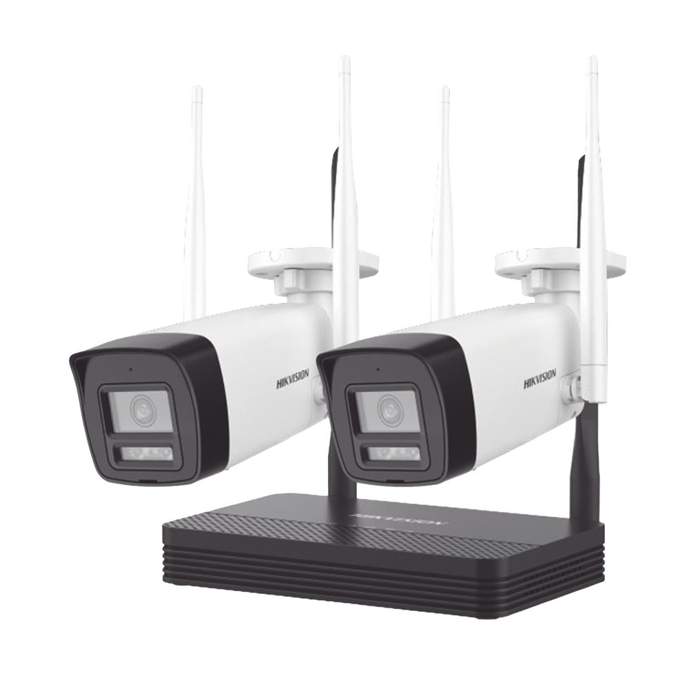 Kit IP Inalámbrico 2 Megapixel (1080p) / NVS 4 Canales / 2 Cámaras Bala para Exterior con Lente 2.8 mm y Dual Light (30 mts IR + 20 mts Luz Blanca) / Audio Bidireccional (Micrófono y Bocina) / Soporta Micro SD de 512 GB