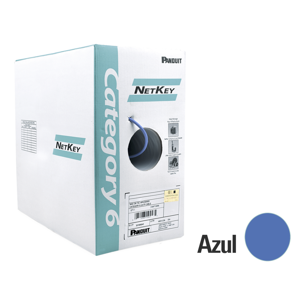 Bobina de Cable UTP 305 m. de Cobre, NetKey, Azul, Categoría 6 (24 AWG), 1000Mbps, Riser (CMR), de 4 pares