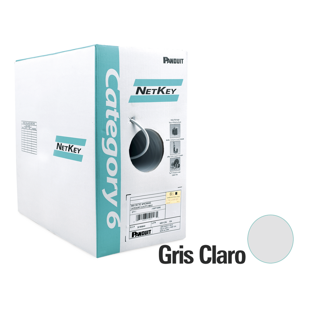 Bobina de Cable UTP de 305 m. de Cobre, NetKey, Gris Claro, Categoría 6 (24 AWG), 1000Mbps,  Riser (CMR), de 4 pares