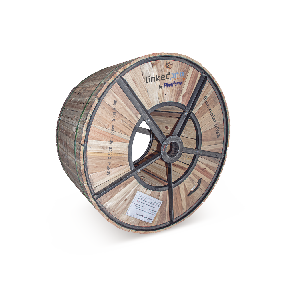 Carrete de 4 km de Fibra Óptica (ADSS) G.652D Armada Anti roedor, Dieléctrica, Monomodo 6 Hilos, Span 200 (Para instalaciones aéreas, en tubería o enterrado directo)