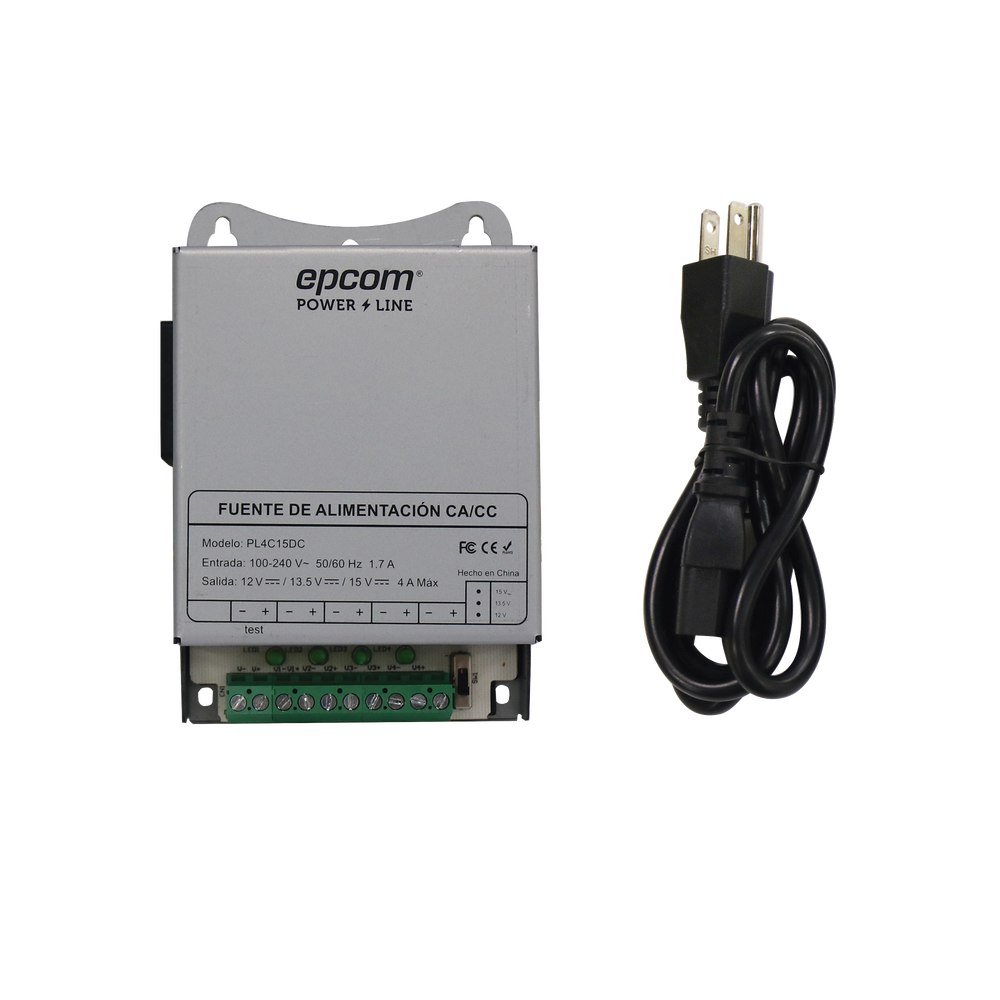 Fuente de Poder Metálica / Para 4 Cámaras / Ajustables a 12 o 13.5 o 15 Vcc / 4 Amperes / Instalación en Pared.