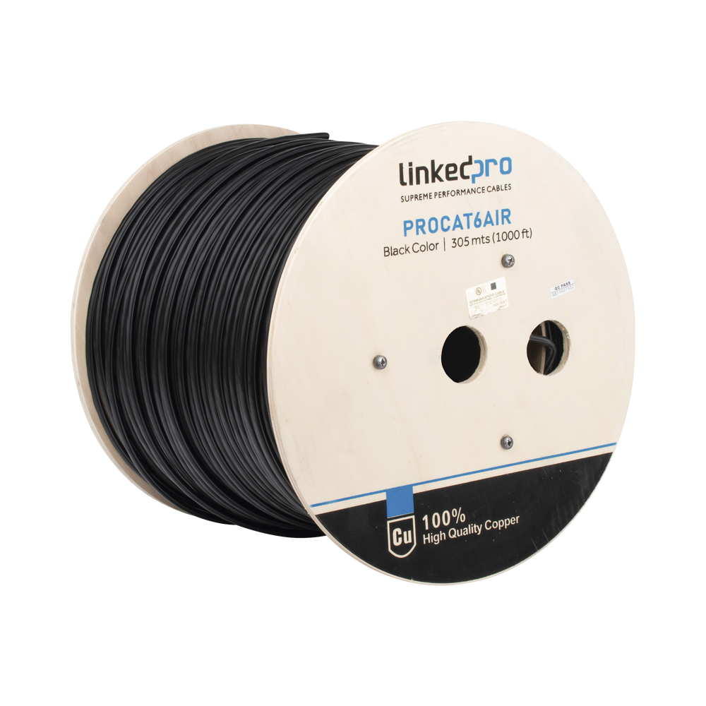 Bobina de cable FTP con Mensajero de Acero de 305 m Cat6+ CALIBRE 23, color negro, para aplicaciones en video vigilancia y redes de datos / Uso en Intemperie y aplicaciones Aéreas