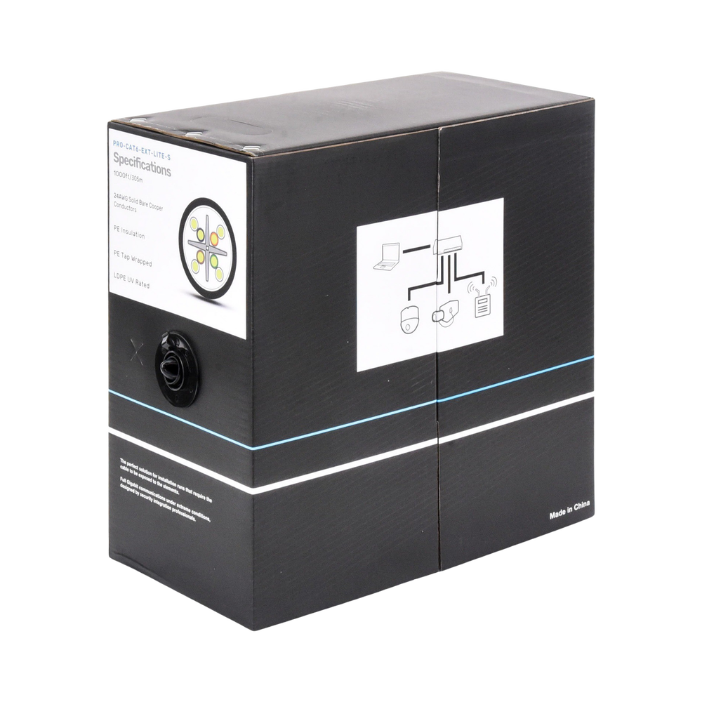 Bobina de Cable 305 Metros (1000 Pies) Cat6, 24 AWG, Climas Extremos, Color Negro, Sin Blindar, para Intemperie