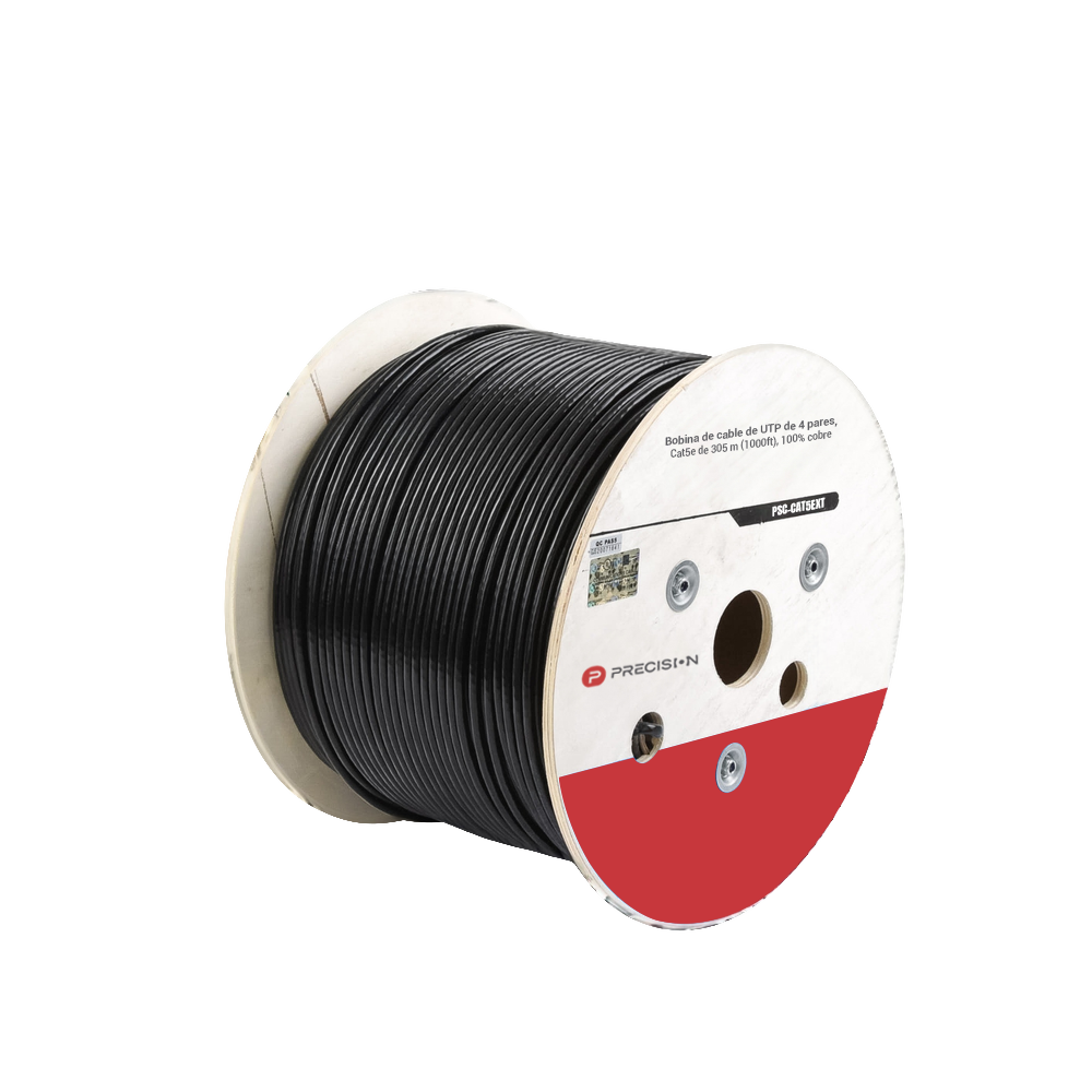 Bobina de Cable de UTP de 4 Pares Cat5e de 305 Metros (1000 Pies), 100% Cobre, LDPE Resistente a Rayos UV Relleno de Gel, Color Negro, 24 AWG, Uso en Exterior, Para Aplicaciones de Voz, Datos y Video