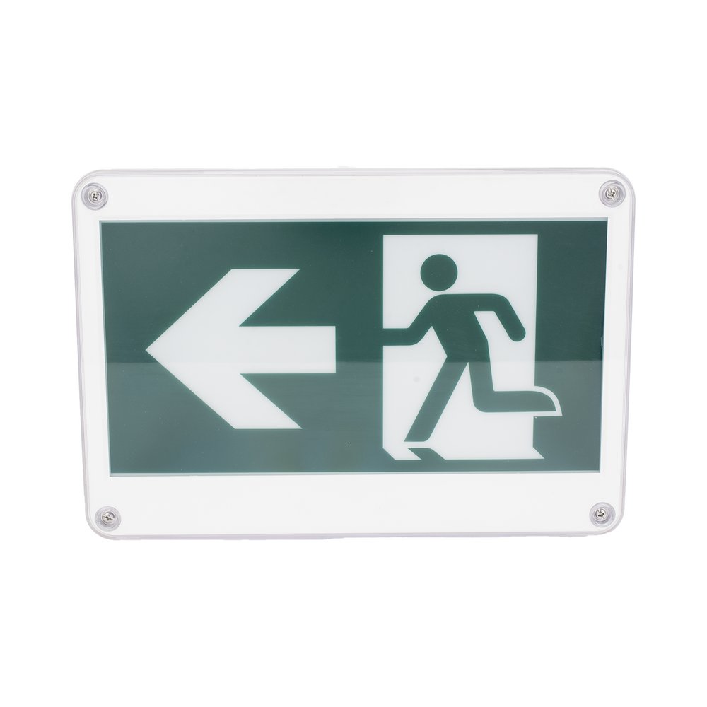 Letrero EXTERIOR de Señalización salida "Hombre Corriendo"/ Alto brillo / Uso en pared, lateral o techo / Batería de Respaldo Incluida con hasta 120 minutos de duración