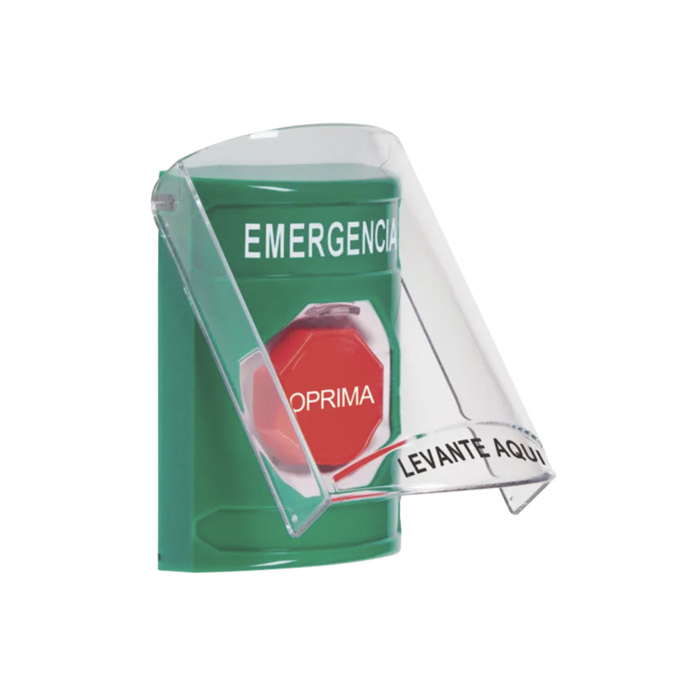 ??Botón Multipropósito, Color Verde, De Superficie, Con Tapa De Policarbonato, Con Bocina Pre Alarma, Solo Interior, Llave Para Restablecer, Texto De Emergencia, Español
