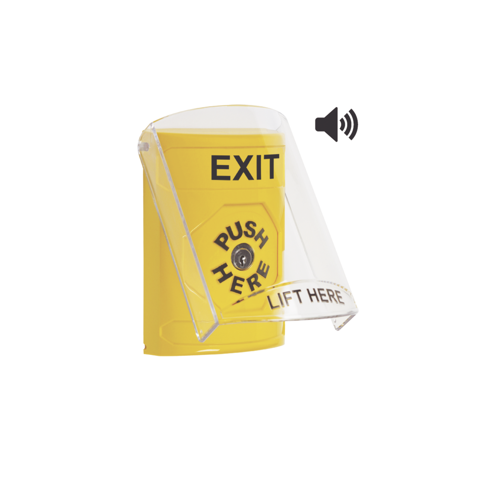 Botón de Salida, Texto en Ingles, Tapa Protectora de Policarbonato Súper Resistente, Llave para restablecer, Bocina integrada de Advertencia