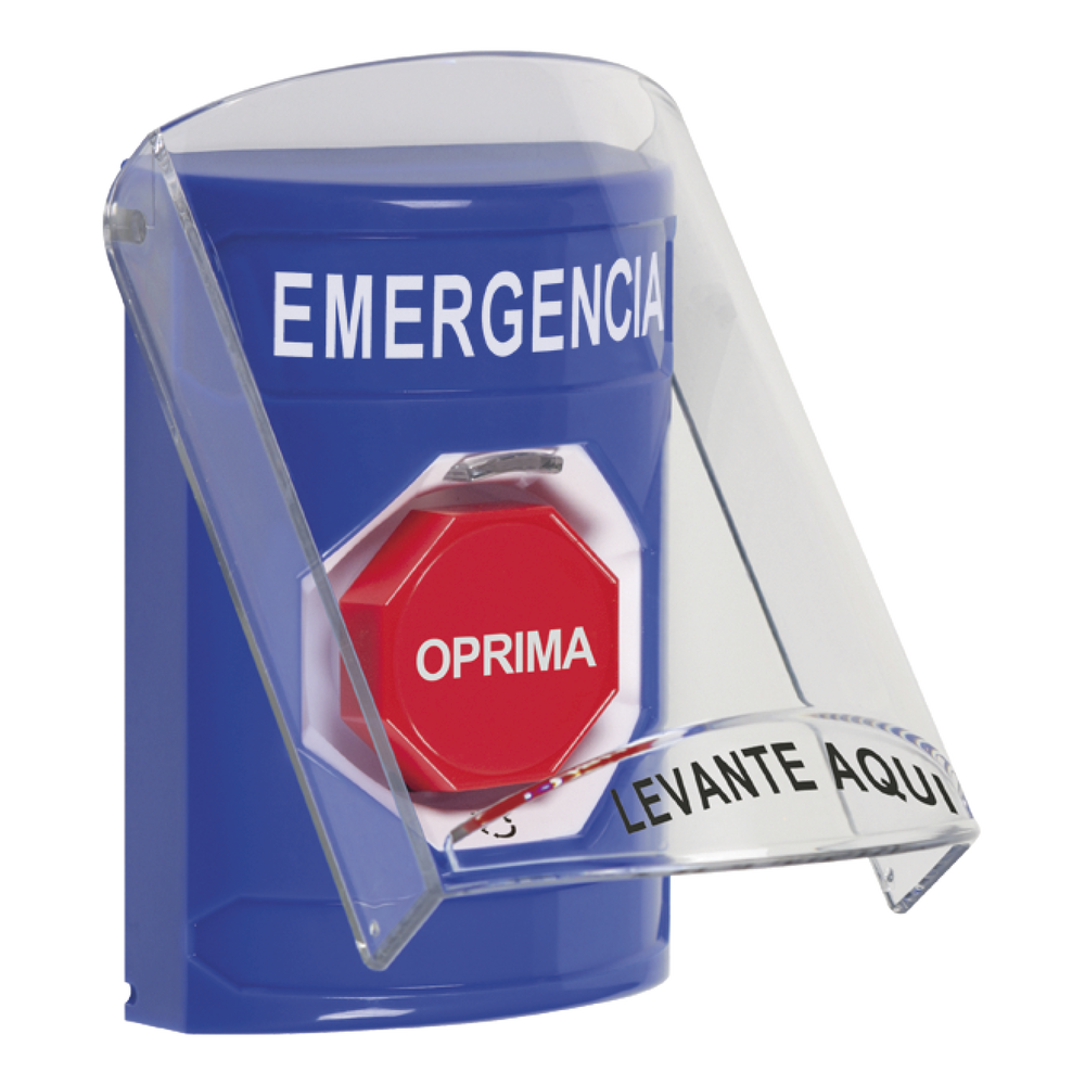 Botón Multipropósito, Color Azul, De Superficie, Con Tapa De Policarbonato, Sin Bocina Prealarma, Para Interior, Girar Para Restablecer, Texto De Emergencia, Español