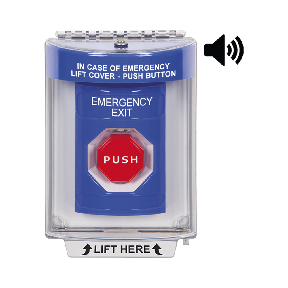 Botón De Salida De Emergencia Con Bocina De Advertencia Integrada, Interior/Exterior, Texto En Ingles, Tapa Protectora De Policarbonato Súper Resistente, Neumático