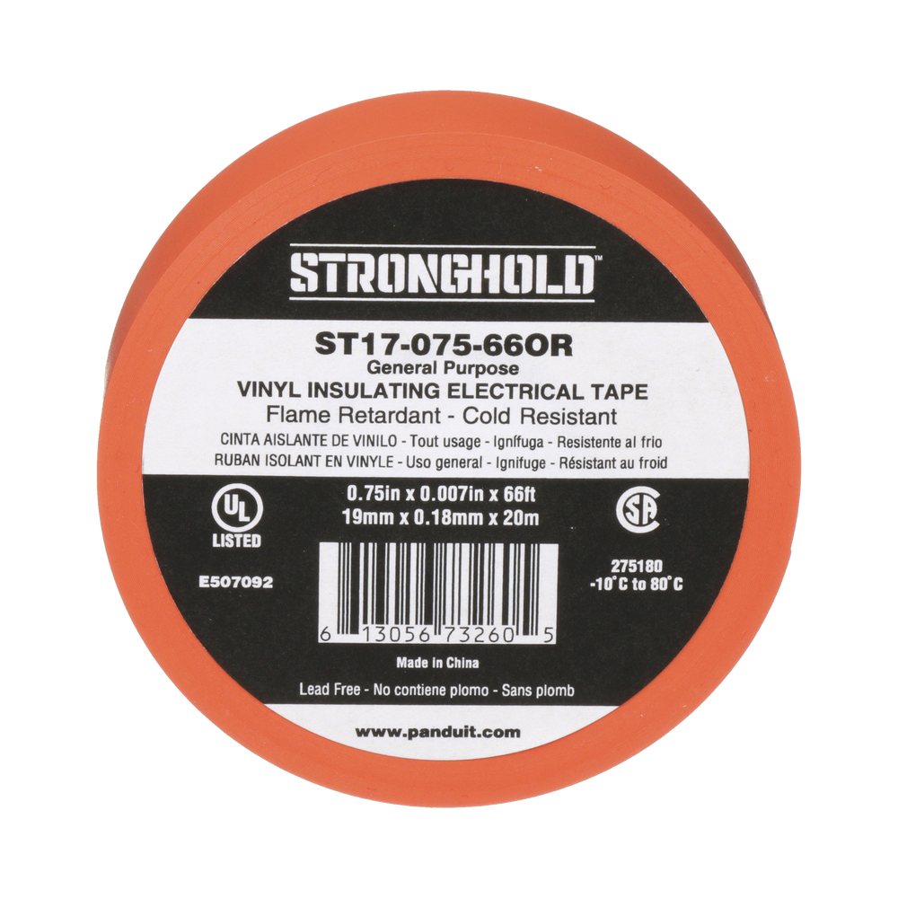 Cinta Eléctrica STRONGHOLD para Aislar, de PVC, Uso General Reparación y Mantenimiento, Grosor de 0.18mm (7 mil), Ancho de 19mm, y 20.12m de Largo, Color Naranja