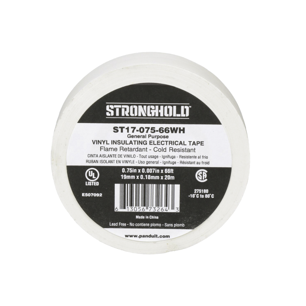 Cinta Eléctrica STRONGHOLD para Aislar, de PVC, Uso General Reparación y Mantenimiento, Grosor de 0.18mm (7 mil), Ancho de 19mm, y 20.12m de Largo, Color Blanco