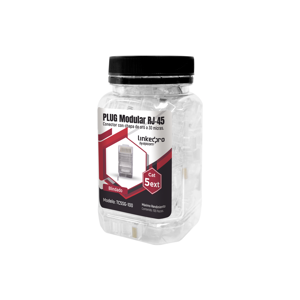Bote con 100 Piezas de Plug Modular RJ45 Cat5e Blindado, Chapado de Oro a 30 Micras para Durabilidad Extrema con Pin de Tierra