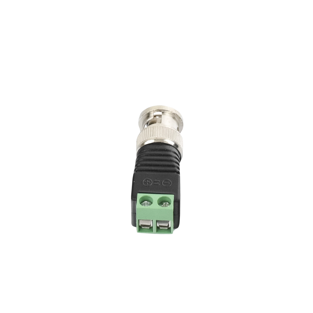 Adaptador de conector BNC macho a 2 terminales-tornillo para cables AWG-26-14, en aplicaciones Video Vigilancia, Níquel/ Oro/  PTFE y PVC.