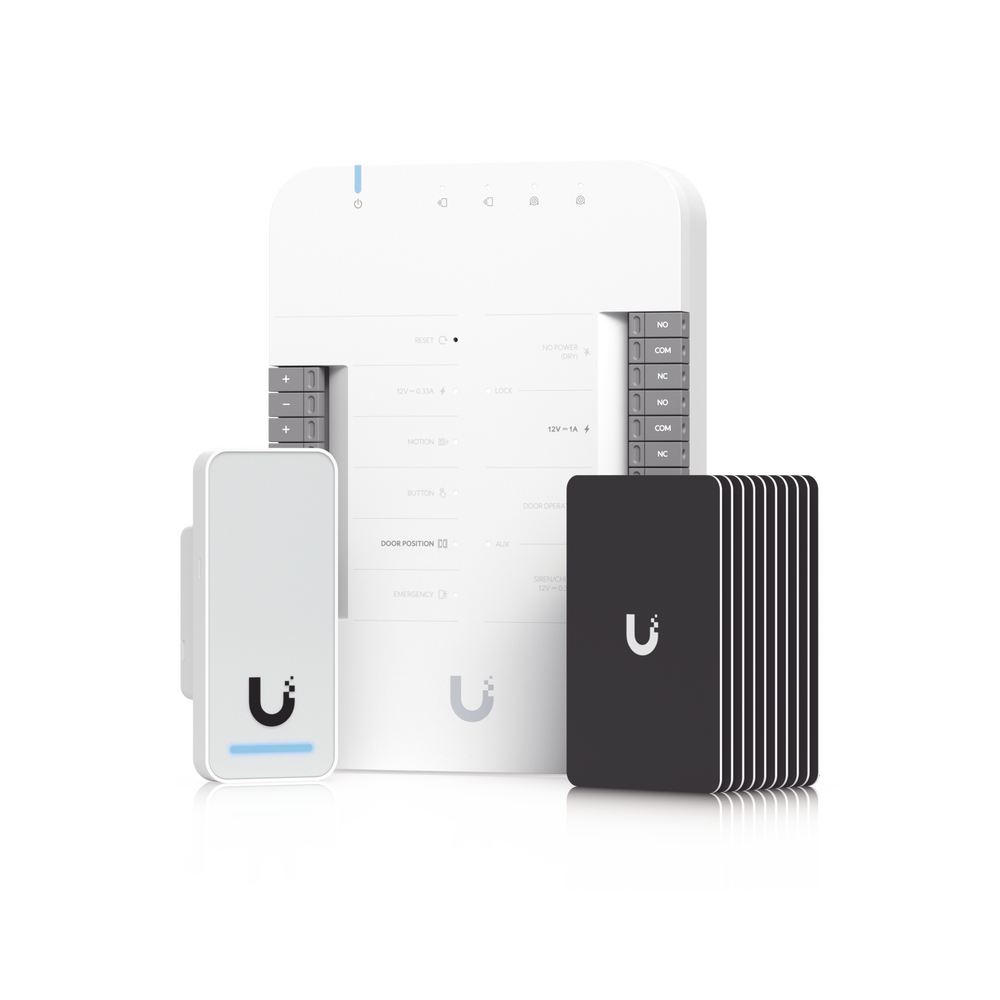 UniFi Access Kit de Inicio Gen 2, Incluye Hub para conexiones, lector NFC y movimiento / 10 tarjetas de acceso / sistema completo para abrir una puerta