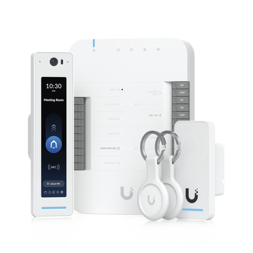 UniFi Access Kit de Inicio Gen2 Profesional para 1 puerta, (1) Lector NFC con pantalla táctil, audio 2 vías y cámara / (1) Lector NFC y de movimiento UA-G2 / Hub para conexiones para controlar una puerta con salida POE y energizar acc