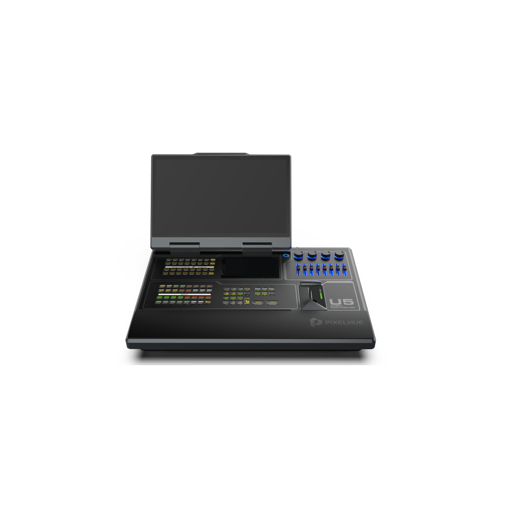 Controlador de Eventos Compacto U5 / Pantalla Táctil Principal 21.5" / Pantalla Inteligente 8" / 87 Botones LCD Programables / 4 Encoders y 8 Faders / Control MIDI y KVM / Diseño Plegable / Software PixelFlow / HDMI 2.0 / 12G-SDI /