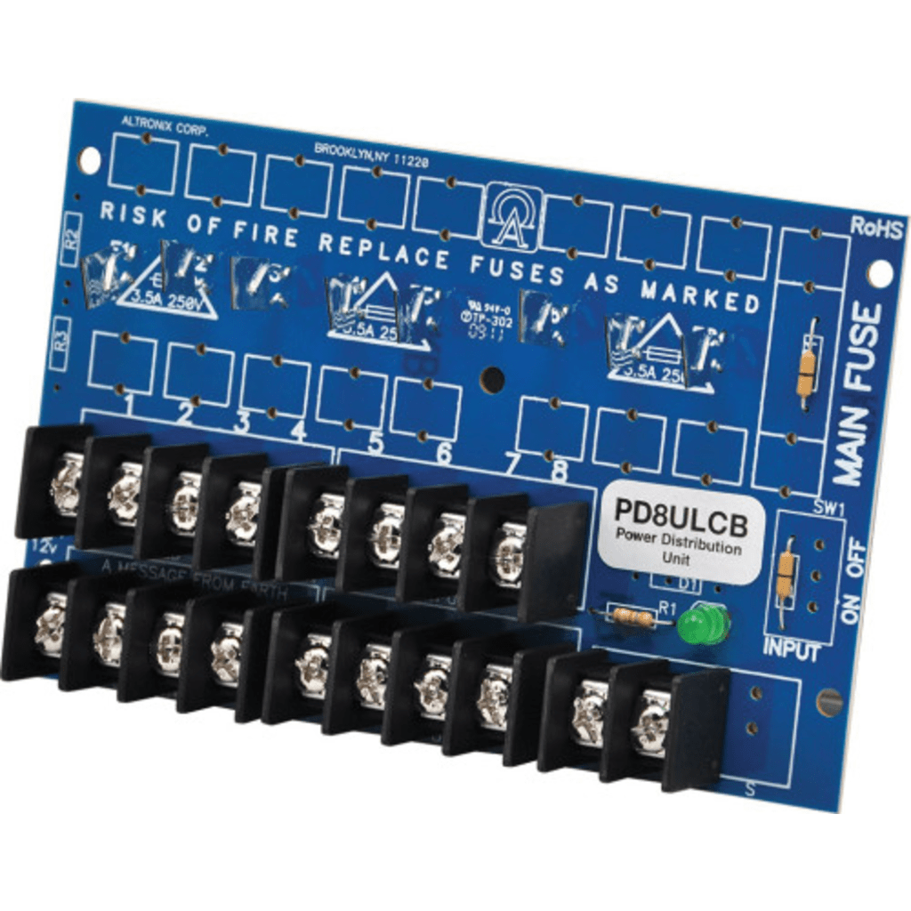 MÃ³dulo de DistribuciÃ³n de EnergÃ­a UL PD8ULCB / 8 Salidas Clase 2 PTC Protegidas / Entrada 12-24VDC o 24-28VAC / Auto-resetable / Montaje Incluido / GarantÃ­a de Por Vida