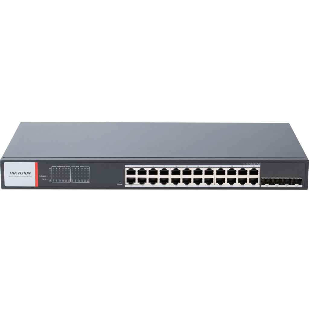 Switch Gigabit PoE+ / Administrable / 24 Puertos 1000 Mbps PoE+ / 4 Puertos SFP / ConfiguraciÃ³n Nube Hik-PartnerPro / Modo Extendido hasta 300 Metros / 370 W