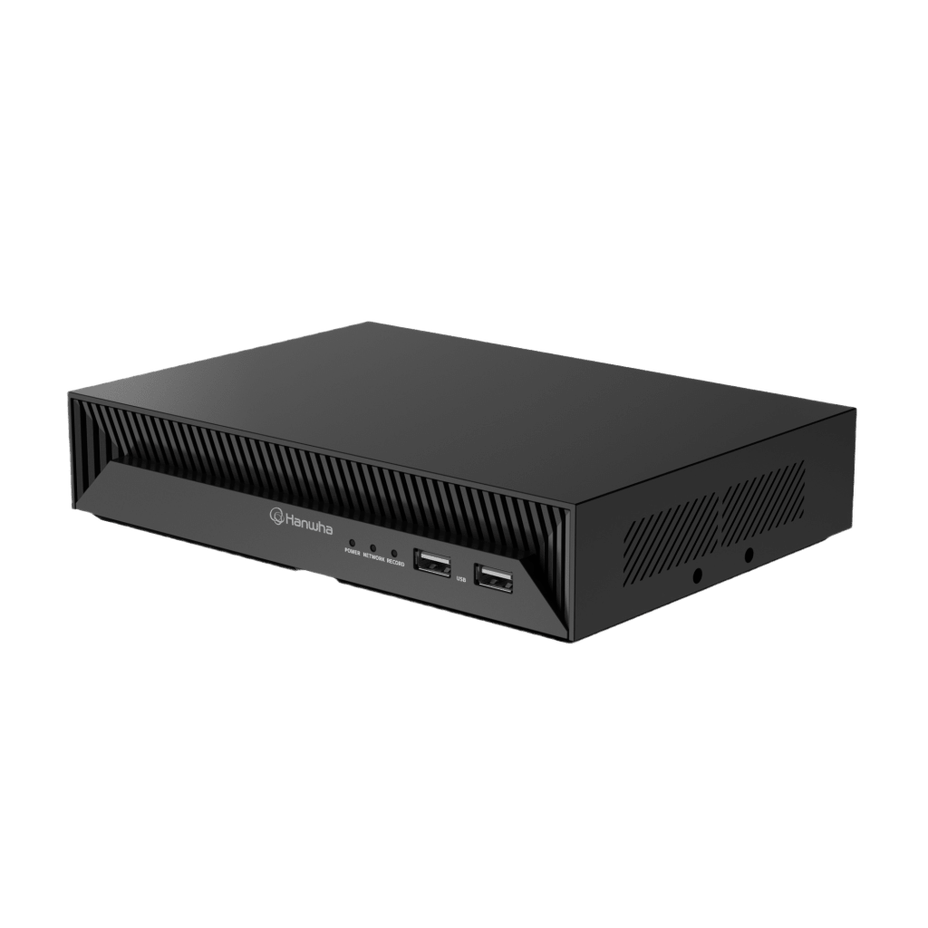 NVR Inteligente 4CH AI / Soporte CÃ¡maras 8MP / CÃ³decs H.265-H.264-MJPEG / GrabaciÃ³n 40Mbps / 4 Puertos PoE / SSD 1TB / Salida HDMI / Soporte ARB / Conectividad P2P / Firma Hanwha Vision