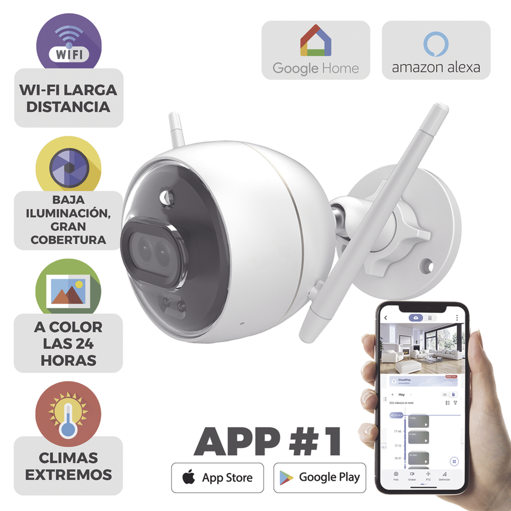 Bala IP 2 Megapíxel / Wi-Fi  / Doble Lente / COLORES EN OSCURIDAD / Deteccion de Personas o Vehículos  / Cruce de Línea / Intrusión a un área / Audio de dos vías / Luz Estroboscópica / Sirena / MicroSD